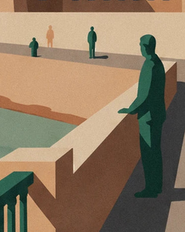 The figures on the Cherbourg quayside, between a beige parapet and long shadows