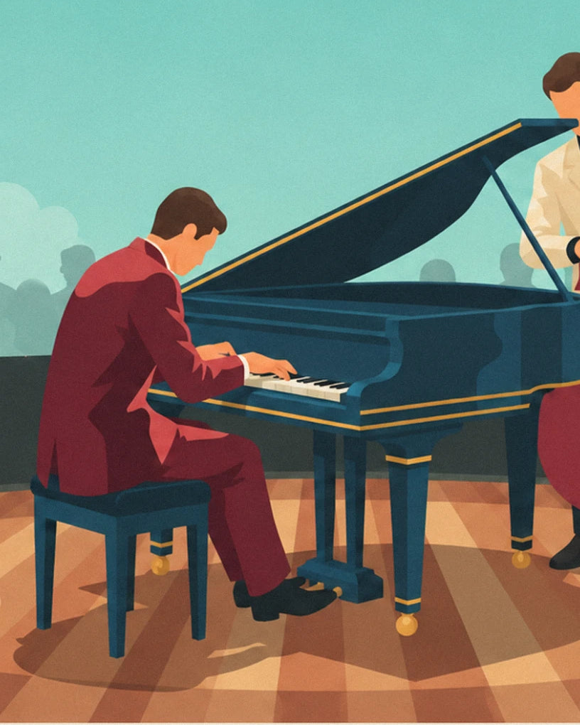 The pianist in a burgundy suit leaning over his midnight blue grand piano on the wooden stage floor