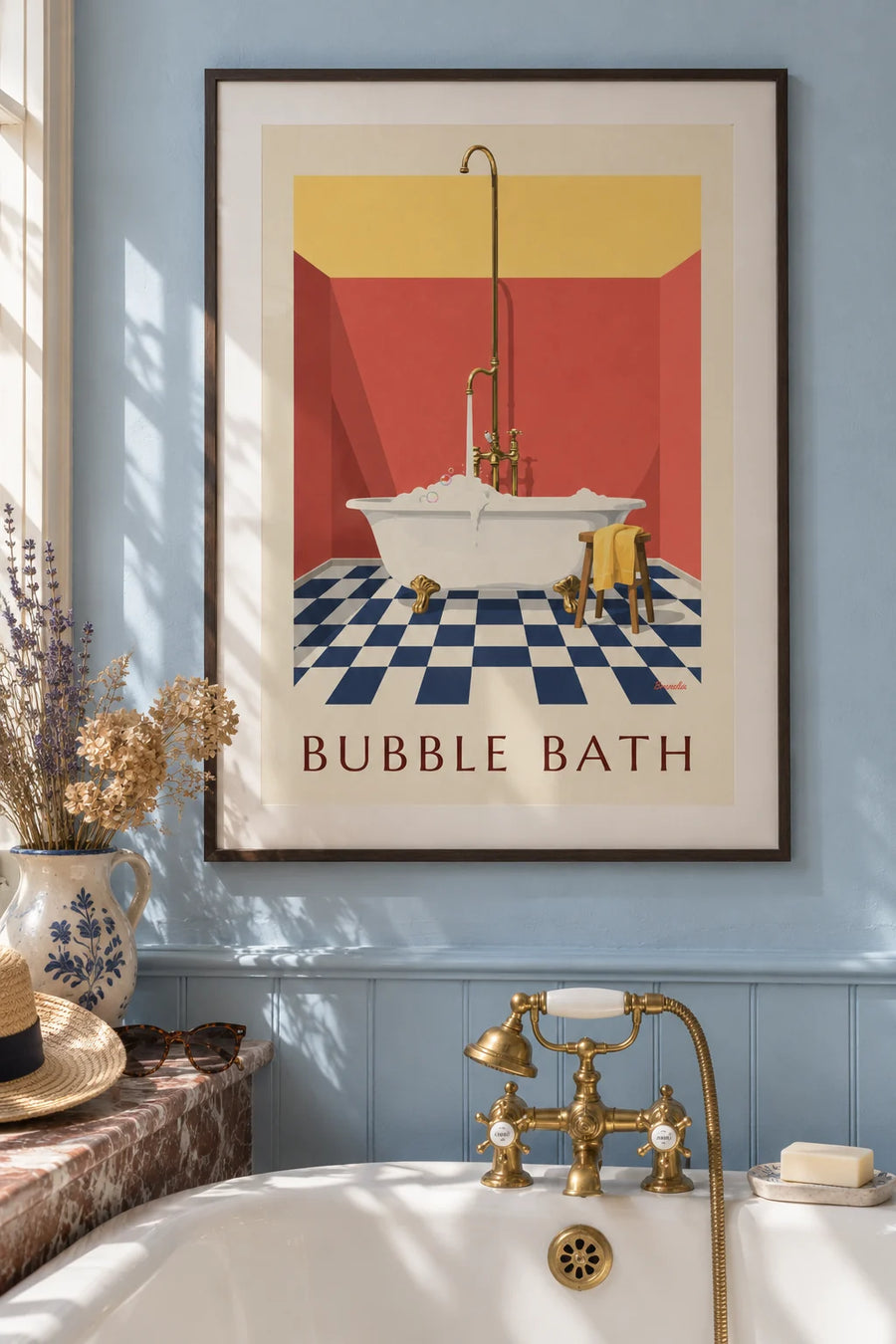 Poster of a clawfoot bathtub overflowing with bubbles, red walls: framed on the wall
