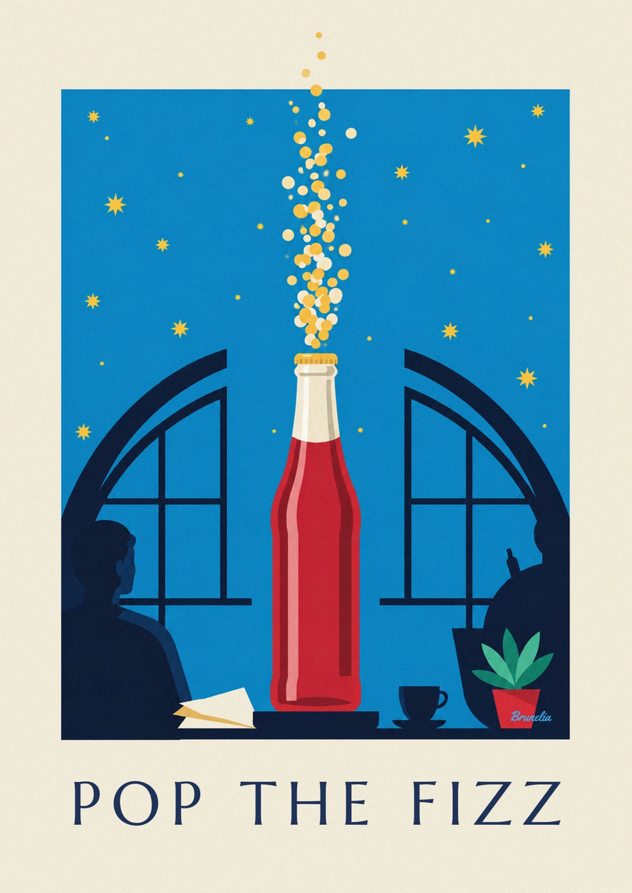 Poster bottiglia di soda frizzante sotto un cielo stellato