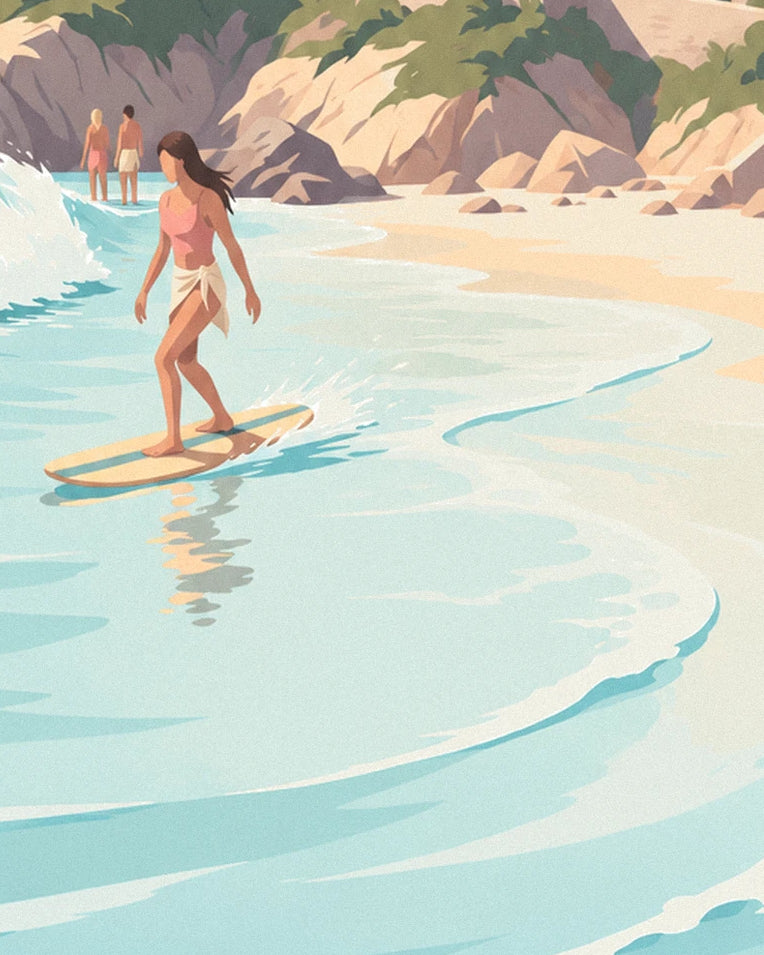 Poster surfista in longboard alla Côte des Basques di Biarritz: dettaglio in primo piano