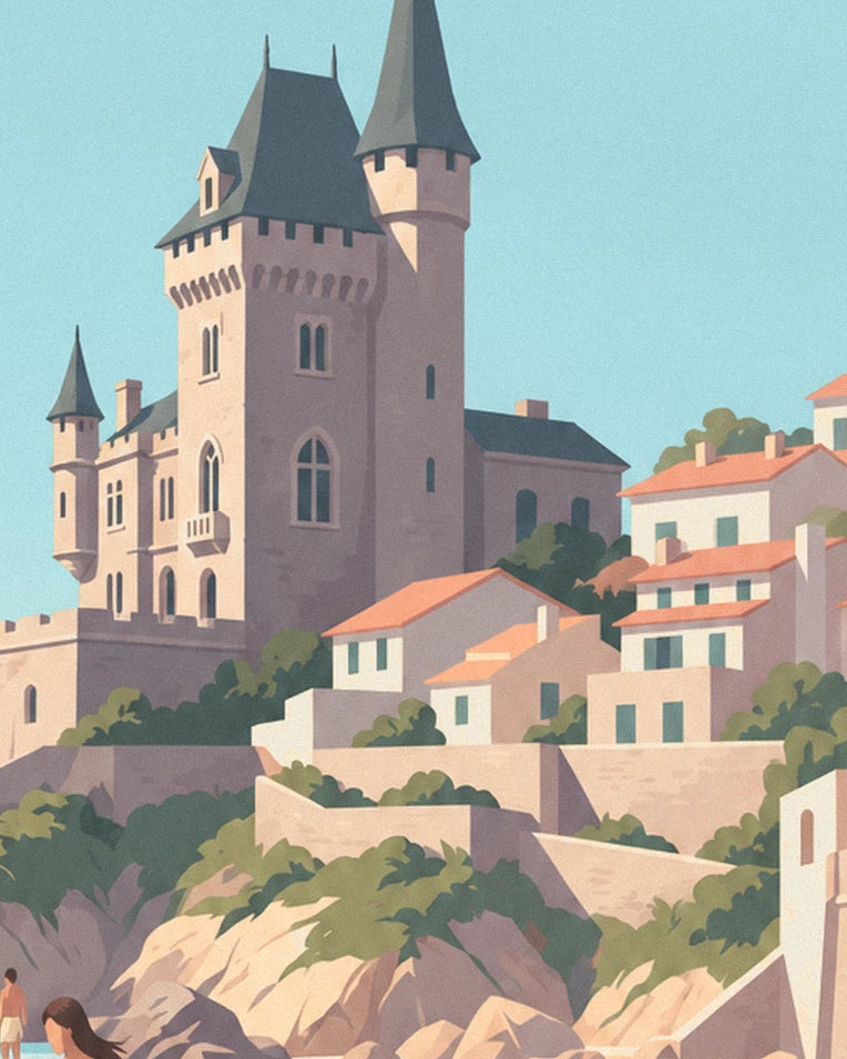 Poster surfista in longboard alla Côte des Basques di Biarritz: dettaglio in primo piano