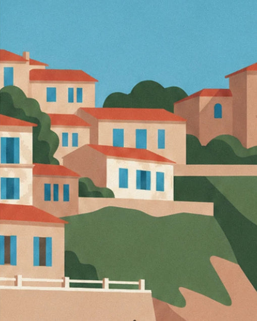 The houses with red roofs and blue shutters perched on the green cliff above the ocean