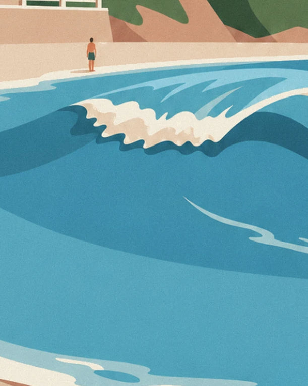 The breaking wave with its white foam and a lone bather on the sand