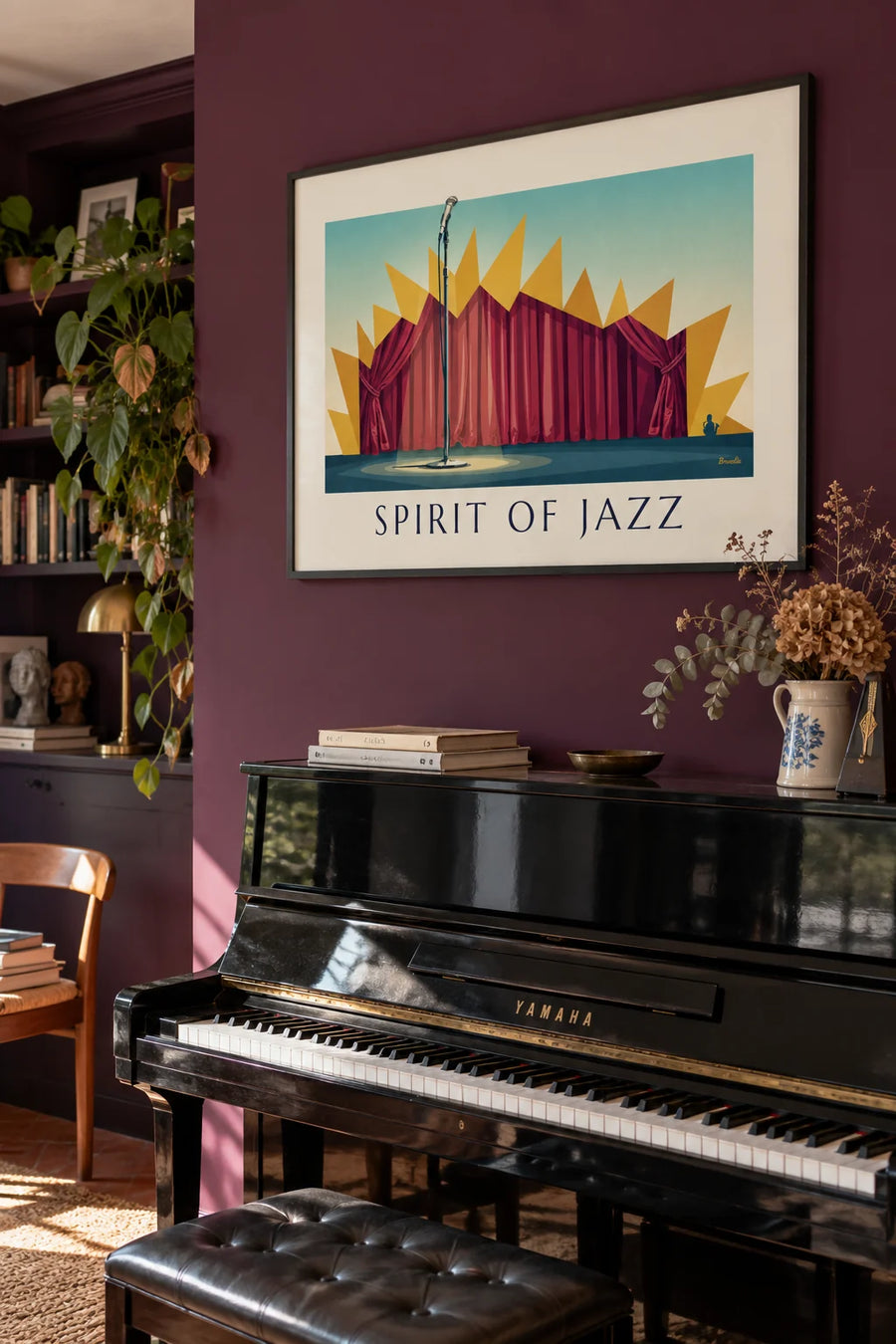 Affiche microphone sur scène de club de jazz, Spirit of Jazz : encadrée au mur