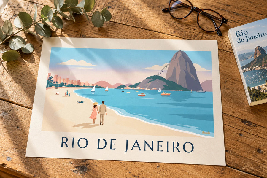 Poster Paar am Strand von Botafogo vor dem Zuckerhut in Rio: auf einem Tisch