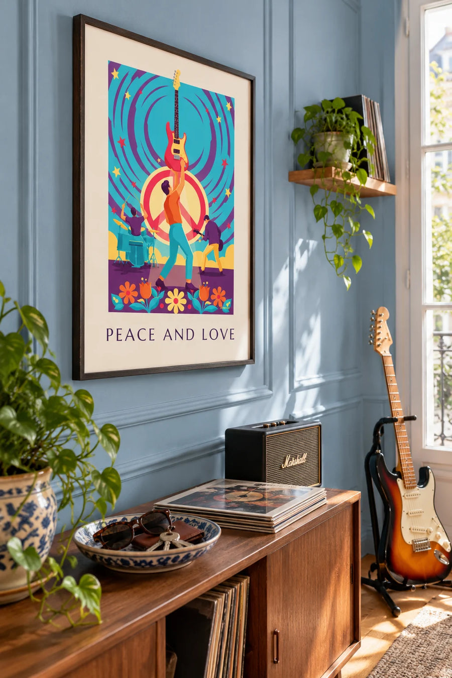 Affiche groupe de rock Peace and Love sous les étoiles colorées : encadrée au mur
