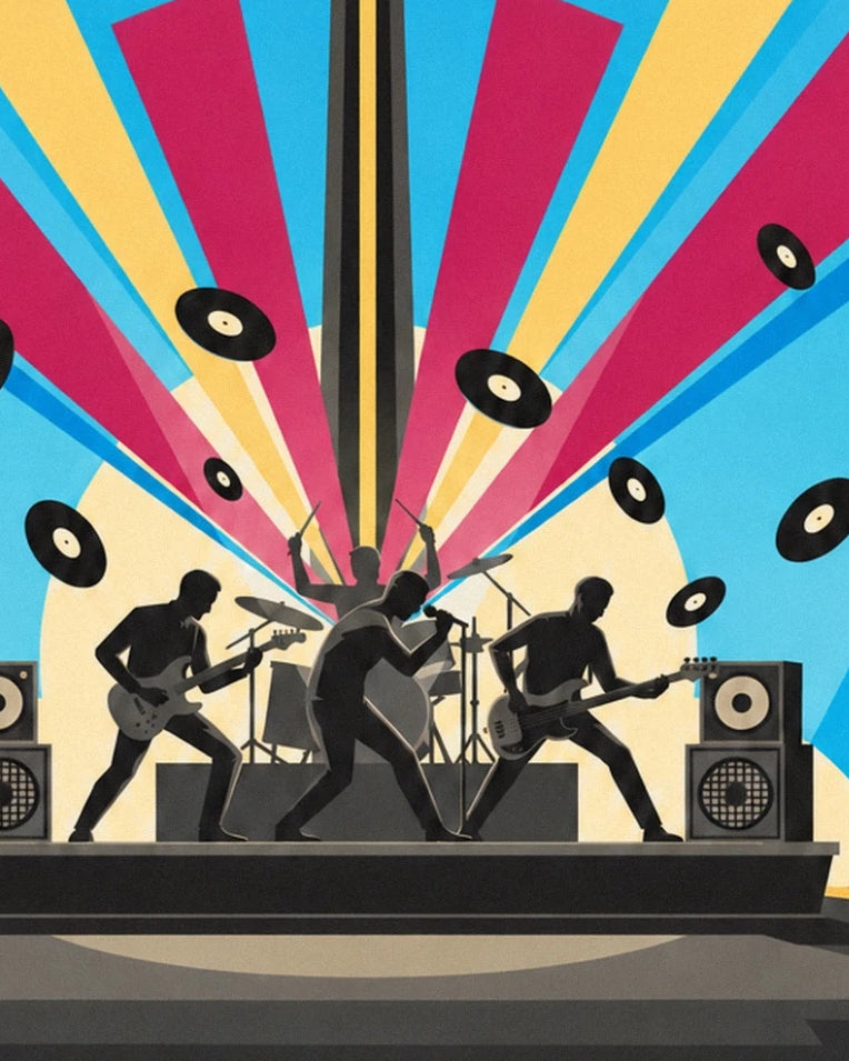 Affiche silhouettes de musiciens rock sur scène et vinyles : détail en gros plan