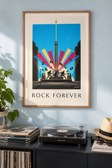 Affiche silhouettes de musiciens rock sur scène et vinyles : encadrée au mur