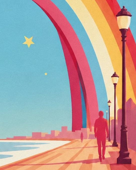 Une silhouette et des lampadaires en bord de mer, sous un immense arc-en-ciel