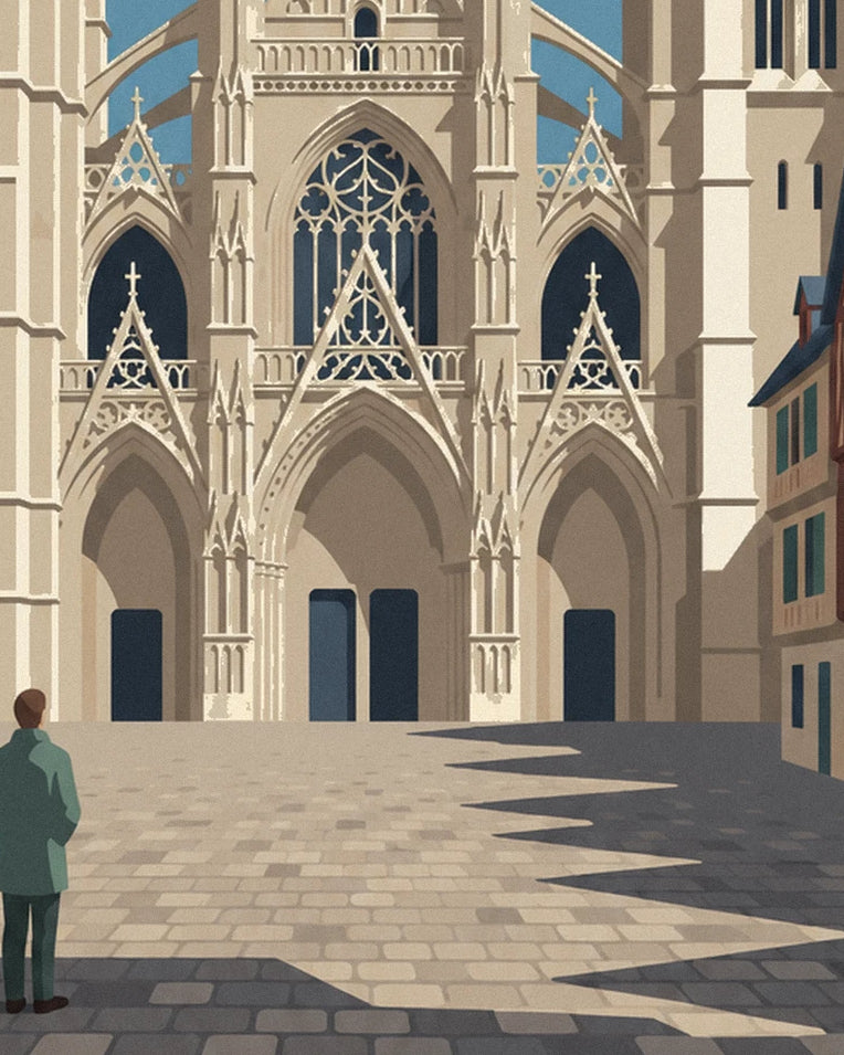 Poster della cattedrale di Notre-Dame a Rouen e case a graticcio: dettaglio in primo piano