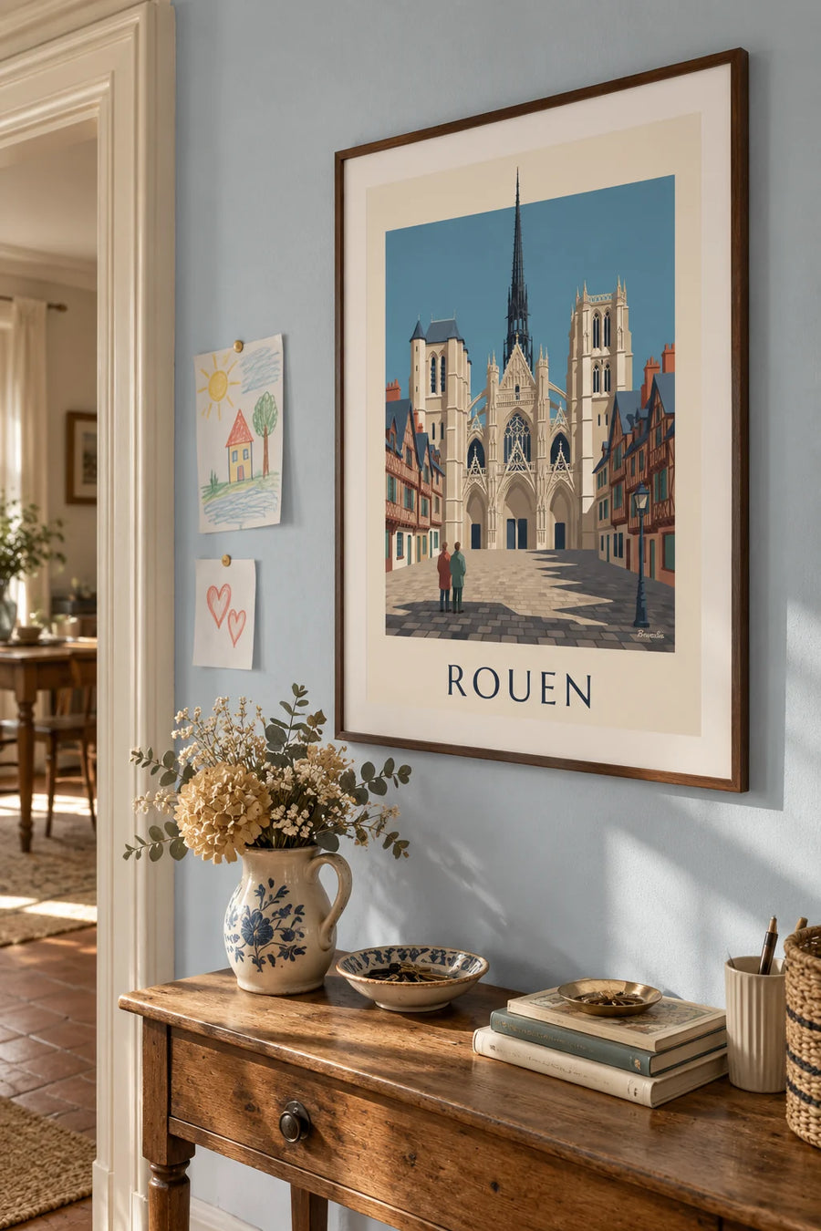 Affiche cathédrale Notre-Dame de Rouen et maisons à colombages : encadrée au mur