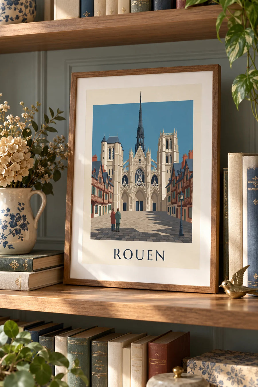 Affiche cathédrale Notre-Dame de Rouen et maisons à colombages : petit format A4 encadré