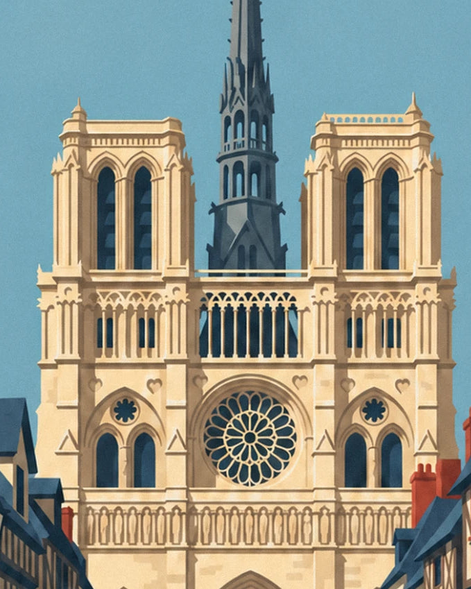 La façade de la cathédrale, sa rosace et sa flèche sombre sur ciel bleu
