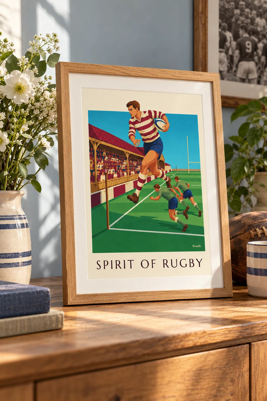 Poster of a rugby player sprinting along the touchline: small framed A4 size