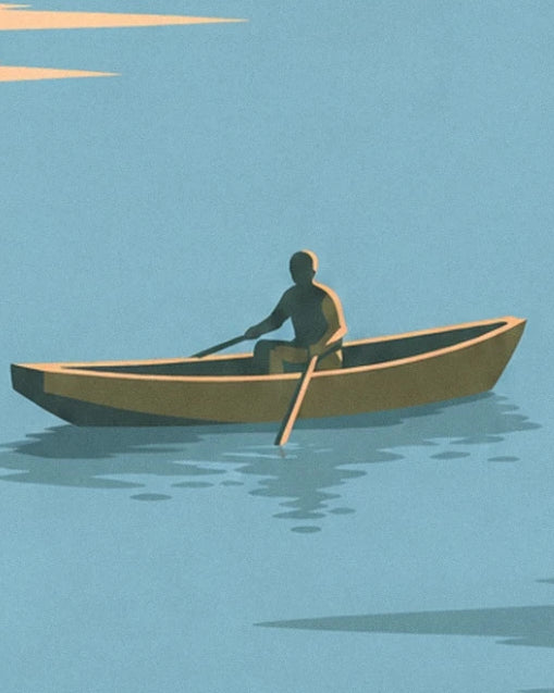 Un rameur dans sa barque aux reflets dorés sur l’eau bleue de l’estuaire
