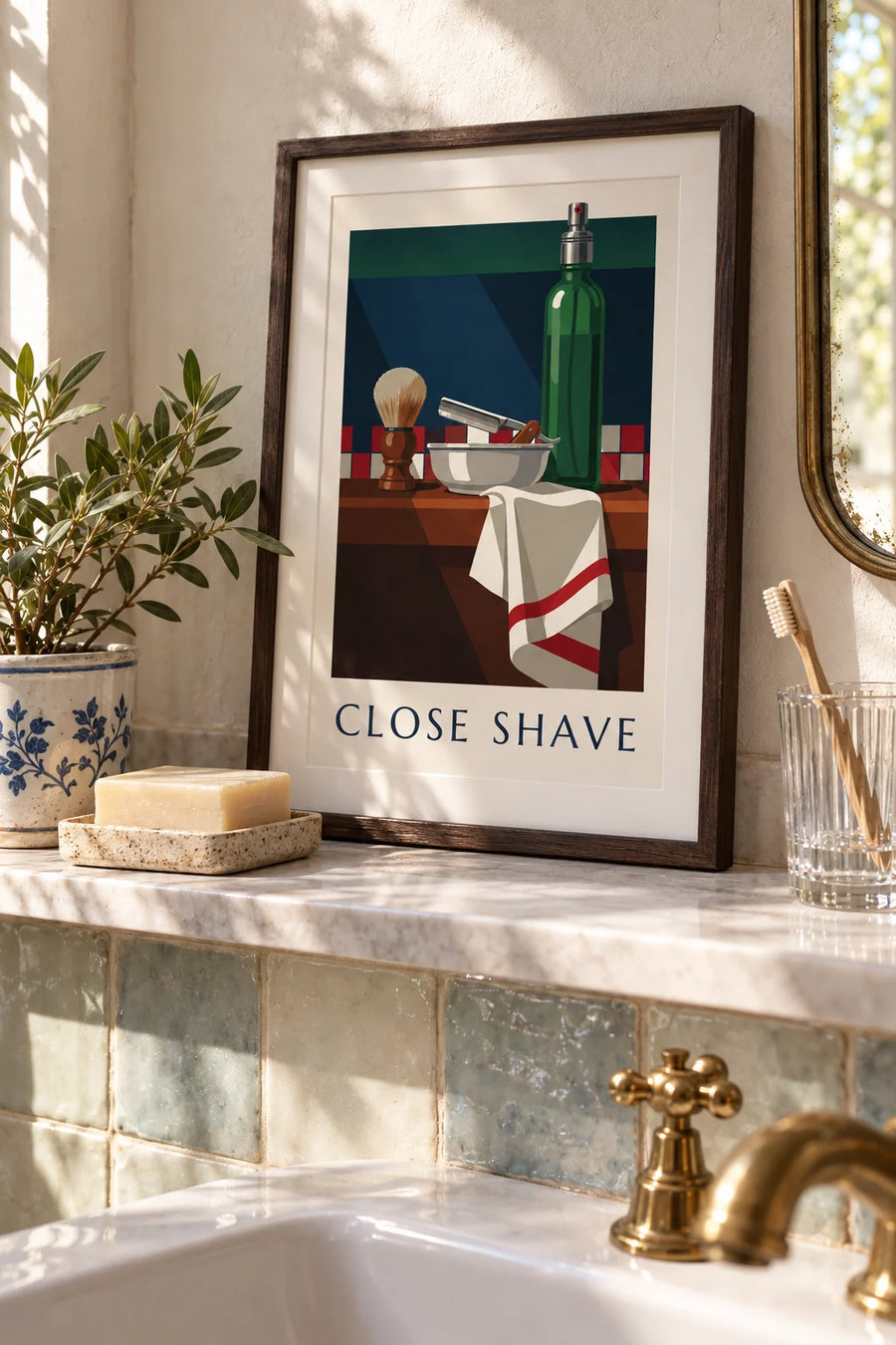 Affiche rasoir coupe-chou, blaireau et flacon d'après-rasage : petit format A4 encadré