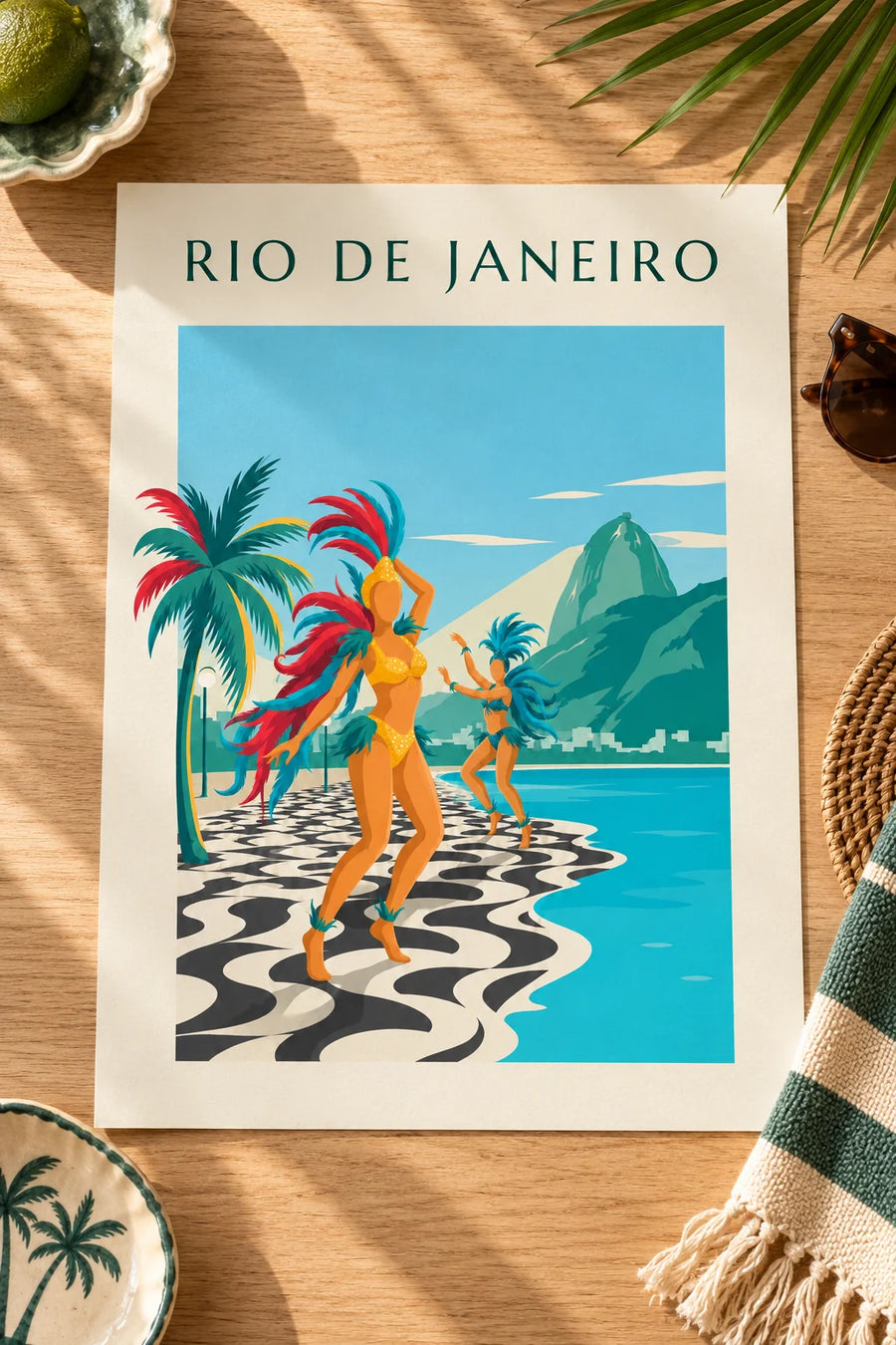 Affiche danseuses de samba sur la promenade de Copacabana à Rio : posée sur une table