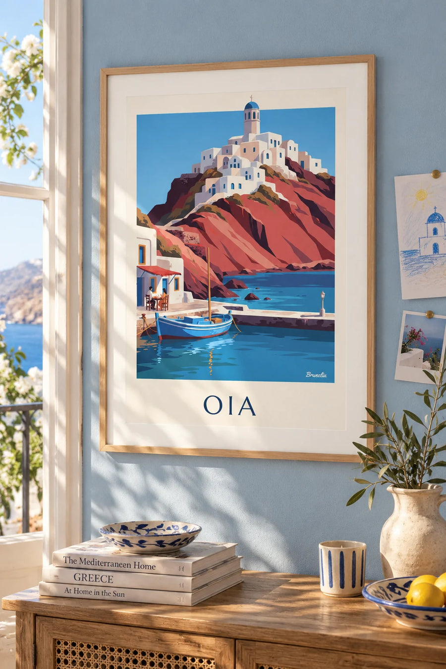 Poster of a blue rowboat at Ammoudi port below the village of Oia: framed on the wall