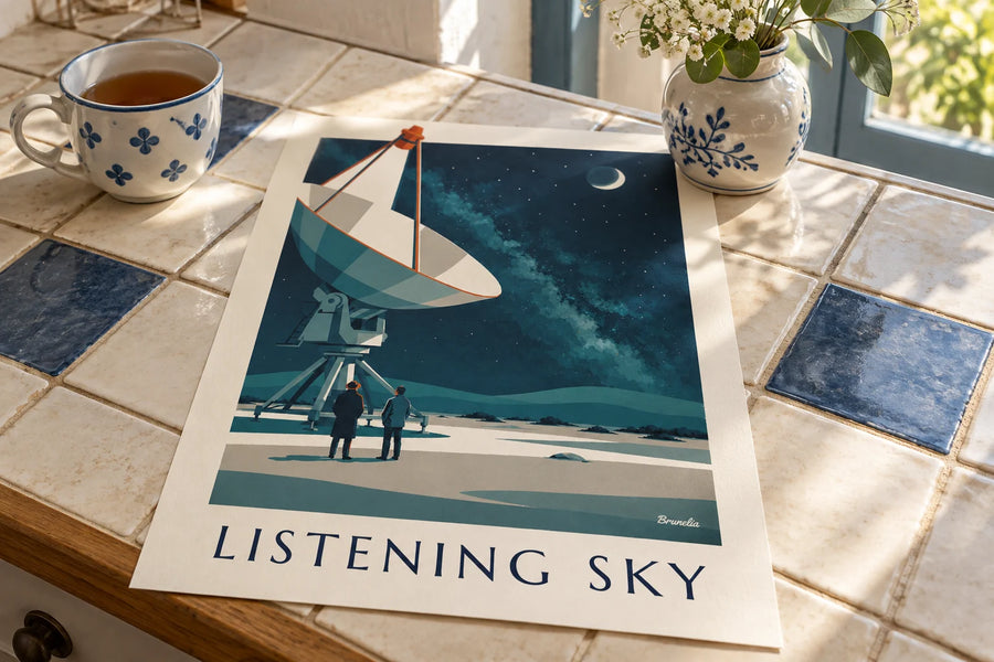 Affiche radiotélescope pointé vers un ciel étoilé dans le désert : posée sur une table