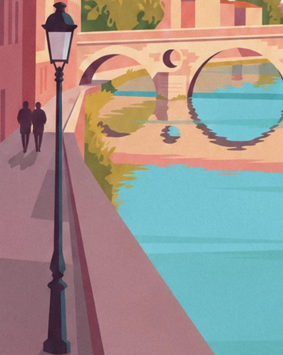 A black street lamp and 2 walkers on the quay facing the arches of Pont-Neuf