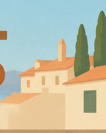 Maisons aux toits de tuiles orange, clocher et 2 cyprès, avec volets verts, au bord de l'eau
