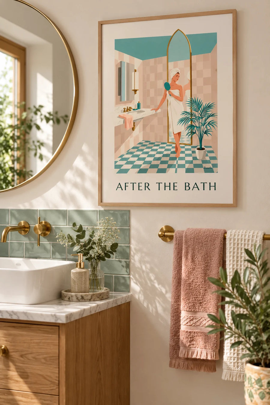 Poster donna avvolta in un asciugamano da bagno: con cornice appesa al muro