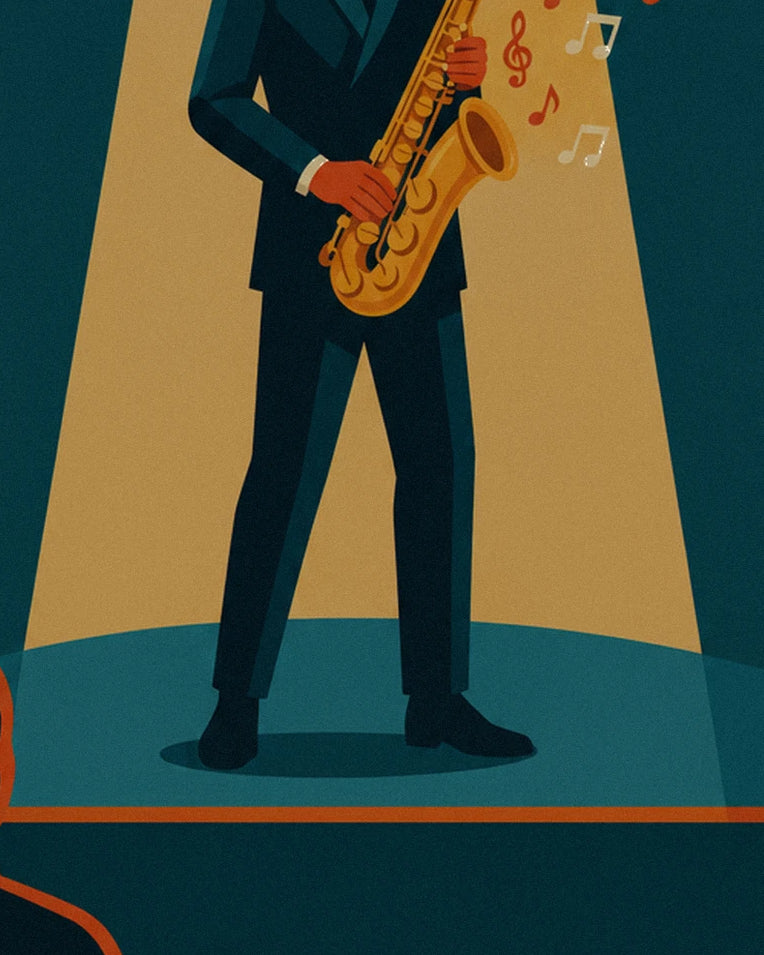 Affiche saxophone doré sous un faisceau de lumière jazz : détail en gros plan