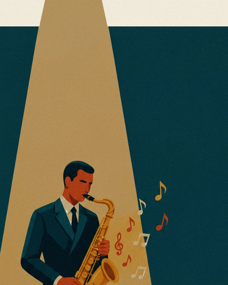Affiche saxophone doré sous un faisceau de lumière jazz : détail en gros plan