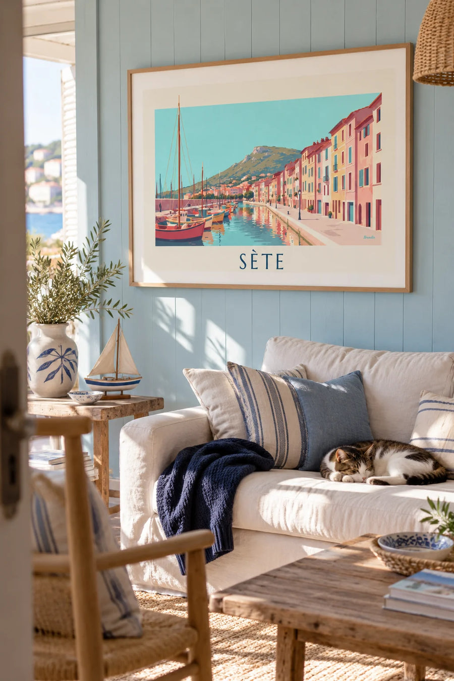 Affiche canal royal de Sète et bateaux de pêche colorés : encadrée au mur