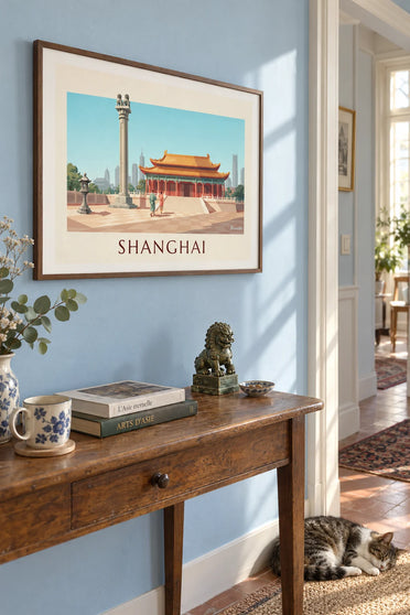 Poster tempio di Jing'an e i suoi padiglioni dorati a Shanghai: incorniciato alla parete