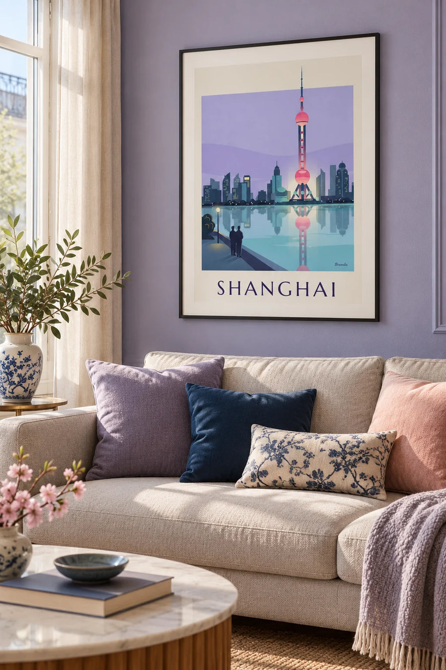 Poster Oriental Pearl Tower in Shanghai bei Nacht: gerahmt an der Wand