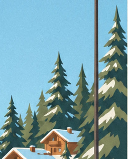 Tannen mit schneebestäubten Zweigen und Holzchalets mit weißen Dächern