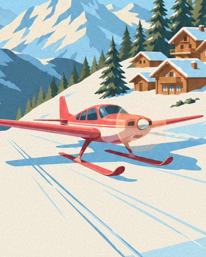 Das kleine rote Flugzeug auf Skiern, im Schnee vor den Holzchalets