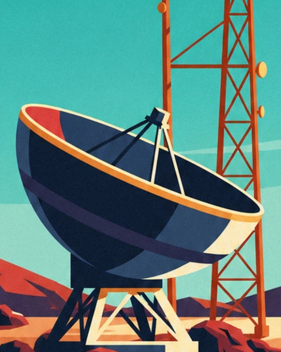 Un'antenna parabolica blu notte sulla sua base, tra rocce e tralicci arancioni