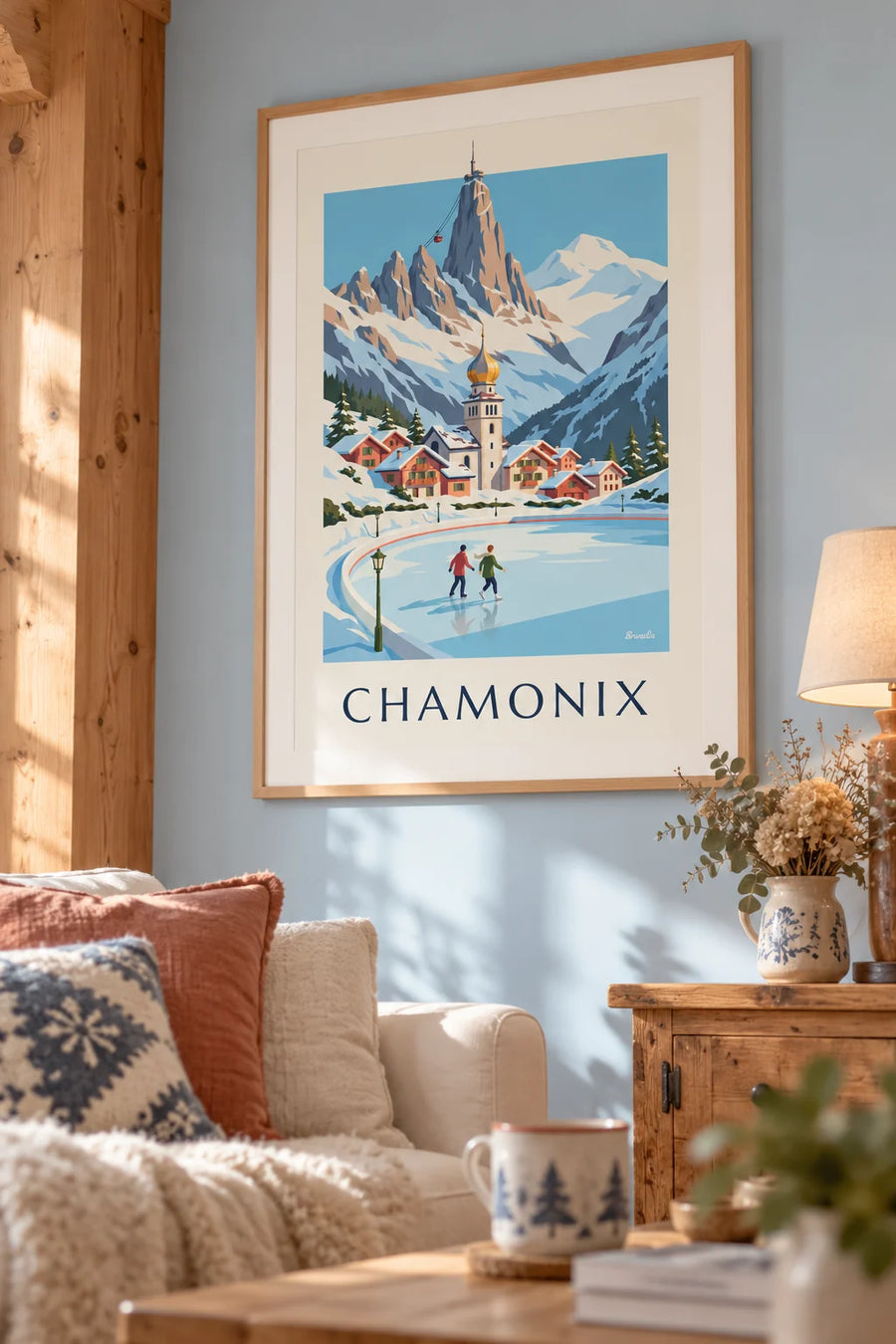 Poster di pattinatori sulla pista di pattinaggio di Chamonix e l'Aiguille du Midi: incorniciato alla parete