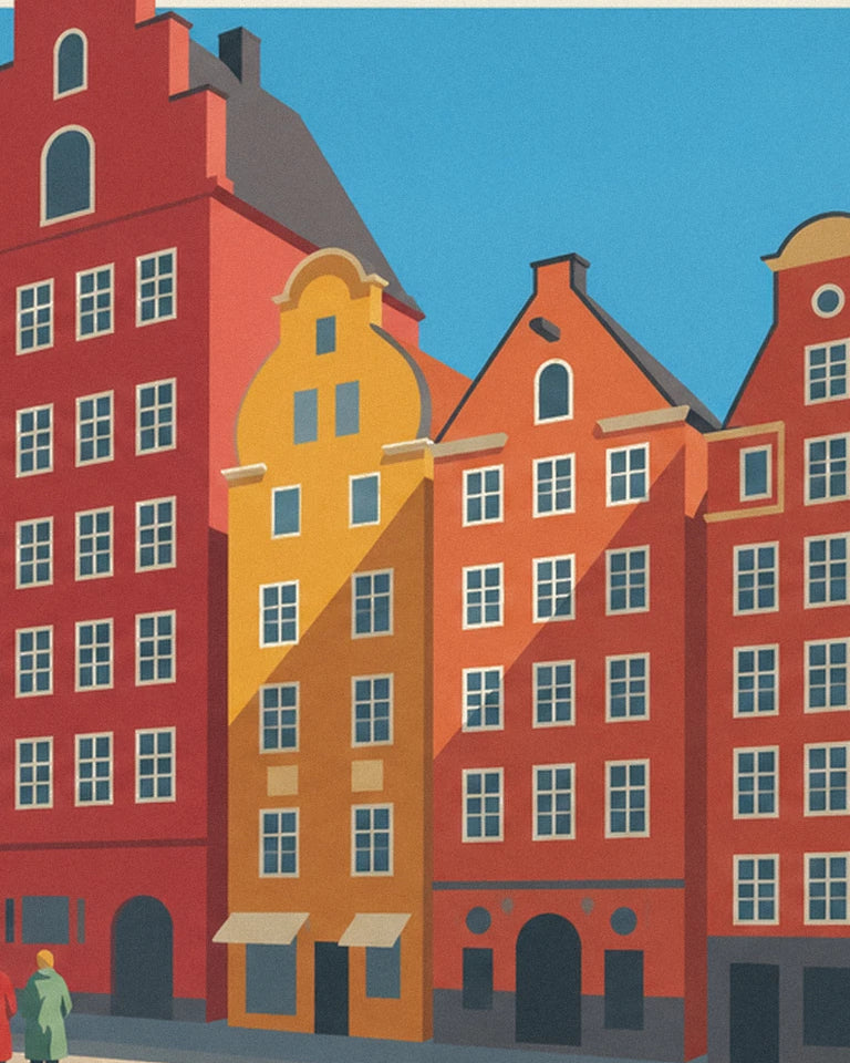 Poster facciate colorate di Stortorget a Gamla stan, Stoccolma: dettaglio in primo piano