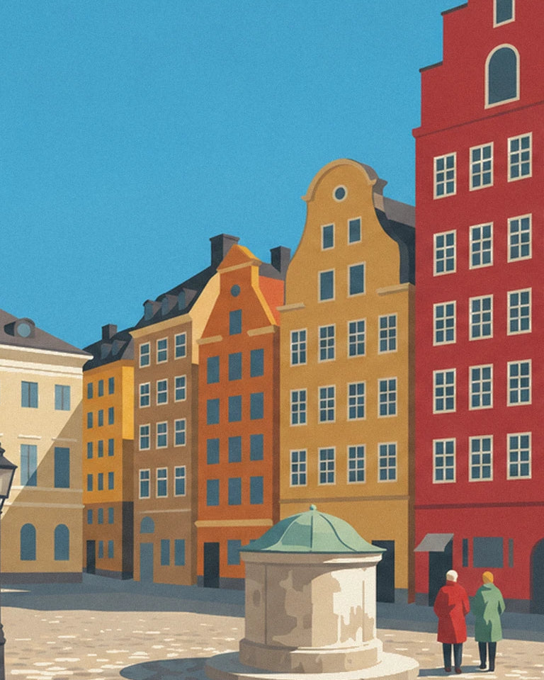 Poster facciate colorate di Stortorget a Gamla stan, Stoccolma: dettaglio in primo piano