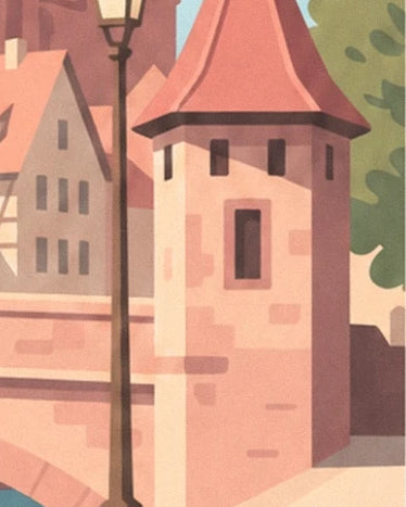 The pink tower with a pointed roof and the street lamp in front of the houses by the bridge