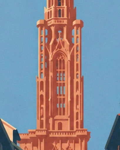 The orange spire of Strasbourg cathedral against a blue sky