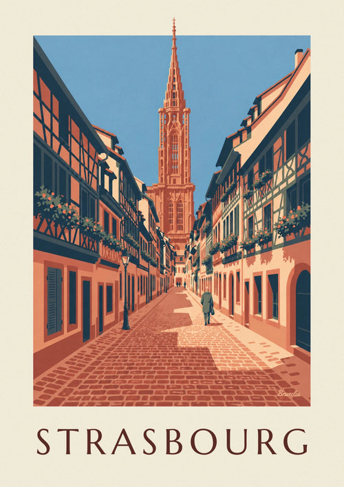 Poster Kopfsteinpflastergasse und Kathedrale in der Altstadt von Straßburg: das ganze Poster
