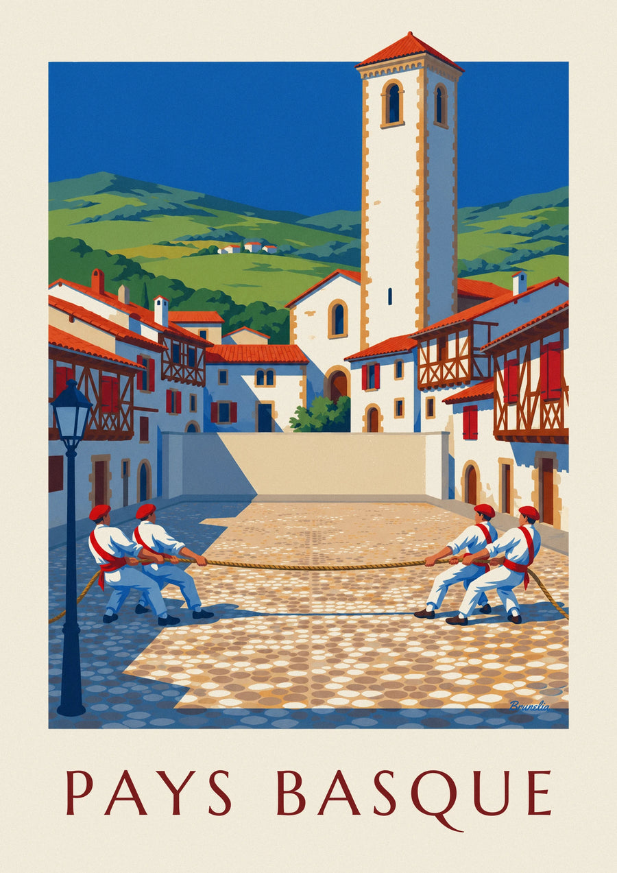 Affiche tir à la corde sur une place du Pays basque