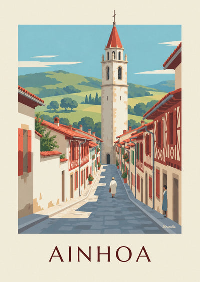 Poster di una strada di case bianche e rosse ad Ainhoa: il poster intero