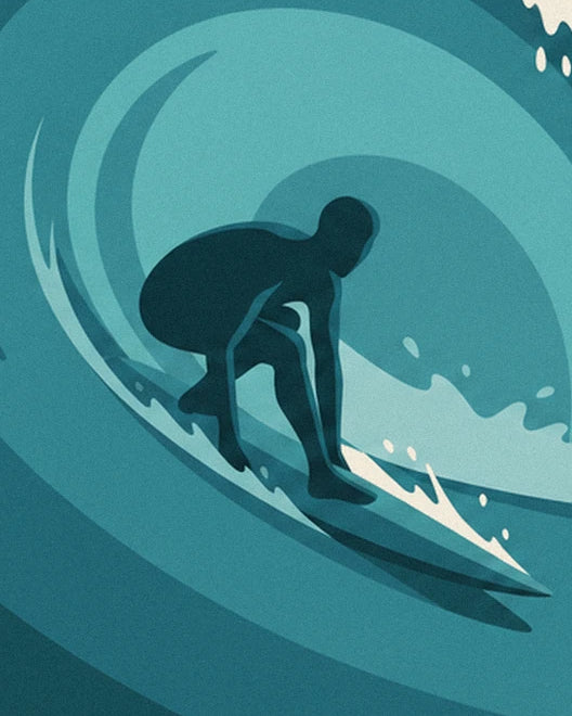Le surfeur accroupi sur sa planche dans le tube d'une vague turquoise