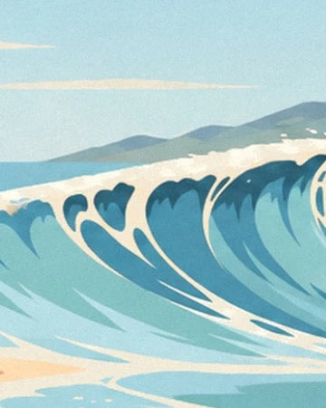 La vague bleu profond bordée d’écume blanche, devant les montagnes côtières