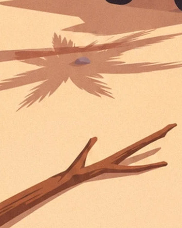 Une branche brune sur le sable doré, sous les ombres des palmiers