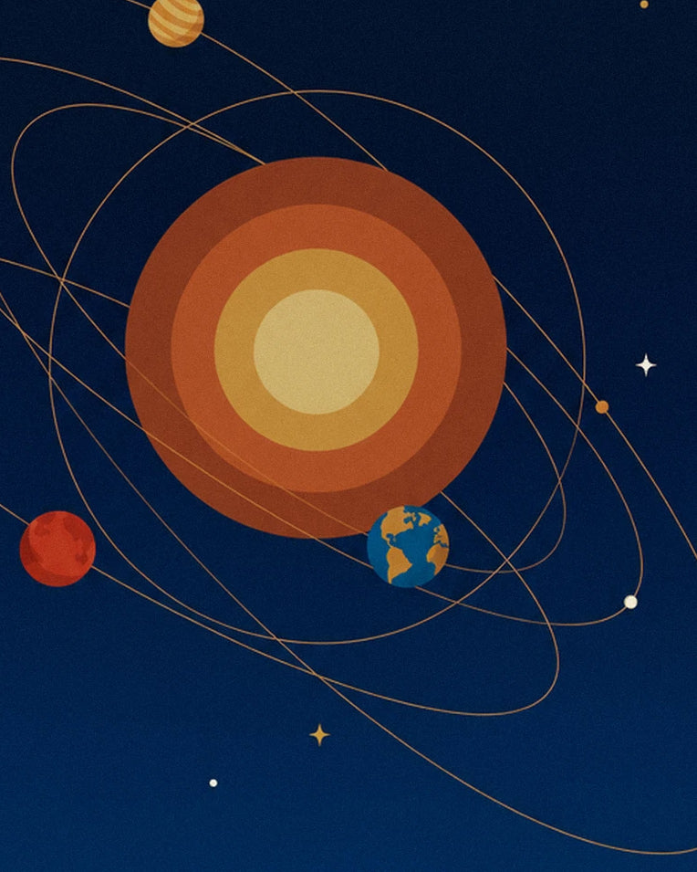Poster Saturno e pianeti in orbita attorno al Sole su sfondo blu notte: dettaglio in primo piano