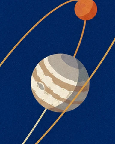 La planète rayée beige et gris, la petite orange au-dessus et les orbites dorées
