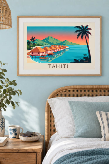 Poster of Tahiti stilt bungalows at sunset: framed on the wall