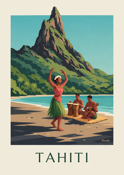 Poster tahitianische Tänzerin und Musiker an einem Strand auf Tahiti: das ganze Poster